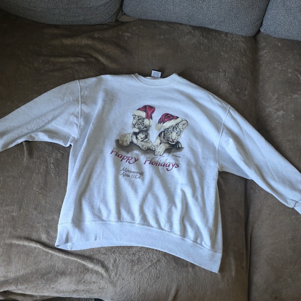 Vtg 90s Marine World Africa USA Sweatshirt XXL White Tiger Christmas Signal